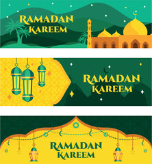 Ramadan Kareem banner in green and yellow tones with various layout shapes