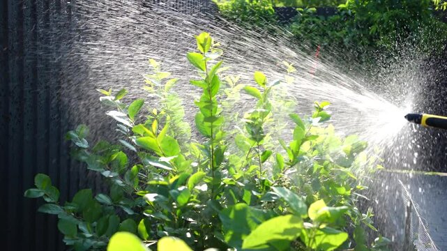 Summer watering of green shrubs with water from a hose with a spray nozzle