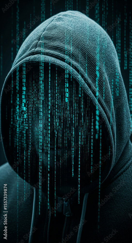 Poster dark hooded figure overlaid with teal binary code, symbolizing anonymity, hacking, or digital securi