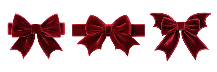 Set of Elegant Red Velvet Bows with Holly Decoration for Holiday Festivities Isolated on a Transparent Background