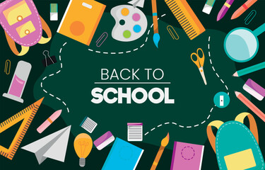Back to school illustration on a green background of a chalkboard with stationary school supplies around it