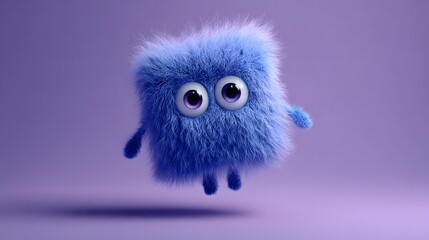Cute fluffy blue character with big eyes floating in purple air