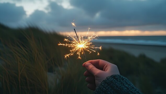 Hand holding sparkler at beach sunset