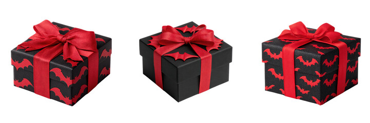 Set of Halloween Themed Gift Boxes with Bows and Bat Designs Isolated on a Transparent Background