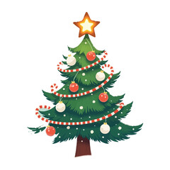 Vibrant Winter Christmas Tree Illustration with Ornaments and Snowy Background