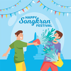 Illustration of two children having fun playing in the water in Thai Songkran culture