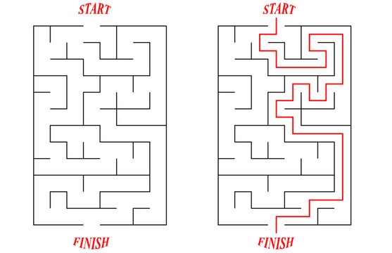 Vector vertical rectangular labyrinth with entry and exit. Difficulty level - easy. Children logic game. Not hard riddle solated on white background for kids and parents with solution