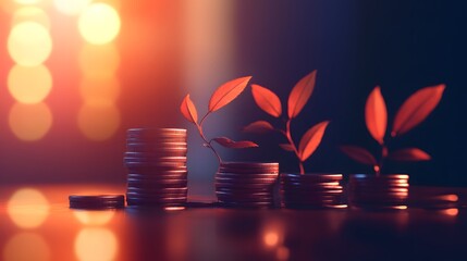 Growth of Investment with Coins and Leaves in Soft Light Background