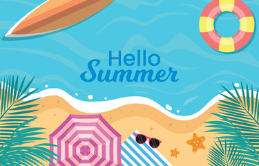 Summer illustration on the beach with umbrella, surfboard and tropical plants as relevant elements