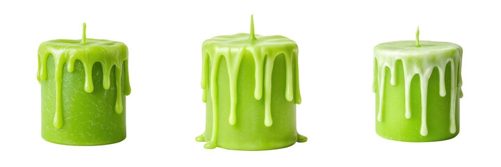 Set of Dripping Green Candles Isolated on a Transparent Background