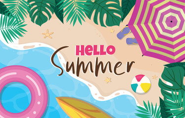 Summer illustration with beach atmosphere and clear sea water with relevant elements