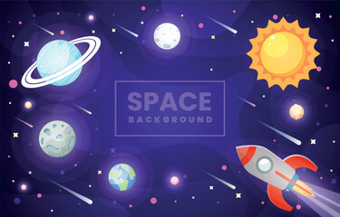 Illustration of the vastness of outer space with various planets and rockets around it