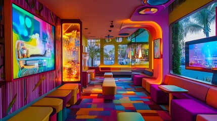 Vibrant Lounge Interior with Colorful Seating and Artistic Displays