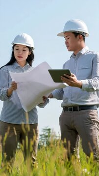 Teamarbeit auf der Baustelle: Architektin mit Bauplan und Architekt mit Tablet auf einer gr&uuml;nen Wiese. K&uuml;nstliche Intelligenz KI