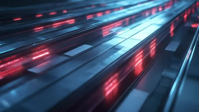 Futuristic conveyer belts glow with red light
