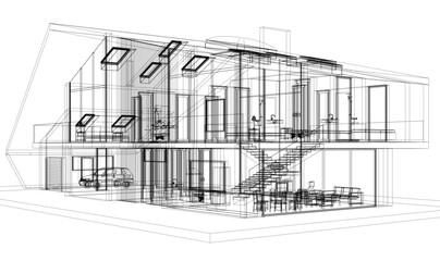 Modern house building sketch architectural 3d rendering