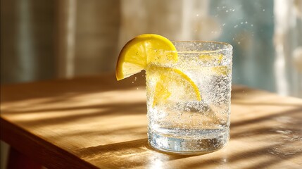 Refreshing Sparkling Water with Lemon Slice in a Bright Setting