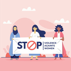 Illustration of 3 women holding a banner to commemorate the end of violence against women