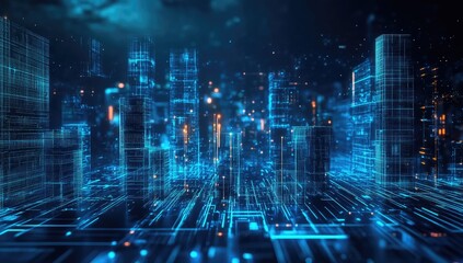 Futuristic city skyline, digital network
