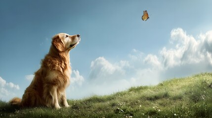 Dog Gazing at Butterfly Under Beautiful Sky in Green Landscape