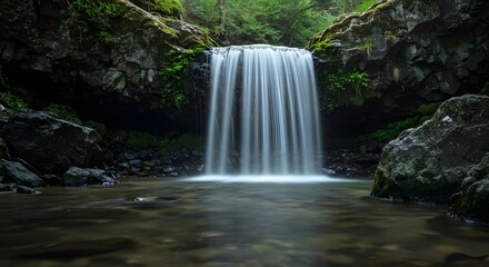 Obraz premium Serene Waterfall Cascading into a Tranquil Pool in Lush Forest