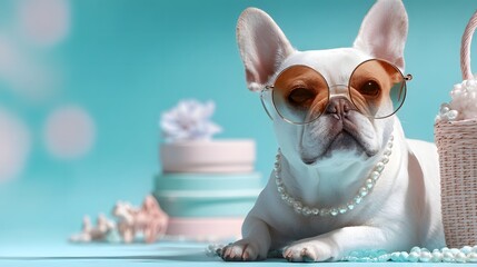 Stylish Dog in Sunglasses with Pearl Necklace on Blue Background