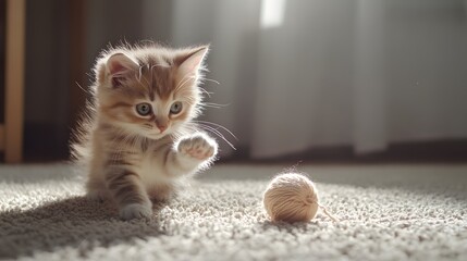 Playful Kitten Reaching for a Yarn Ball on Soft Carpet