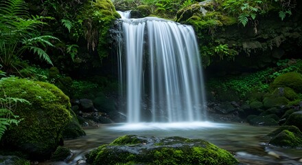 Obraz premium Serene Waterfall Cascading Through Lush Greenery Nature Photography