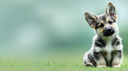 Playful Corgi Puppy Sitting on Green Grass with Soft Background