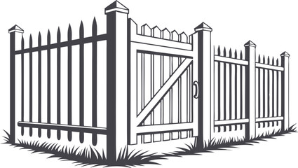 Fototapeta premium Vector art of wooden fence with gate isolated on white background