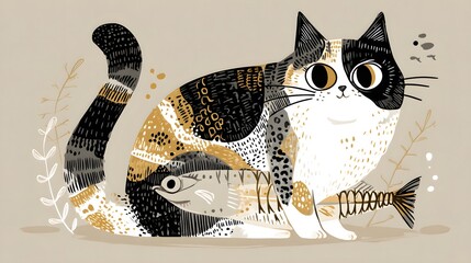 Adorable Cat Illustration with Fish on Minimalist Background