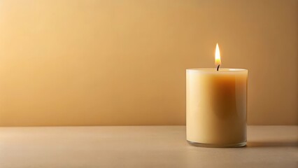 Soft Lit Vanilla Candle on Beige Background