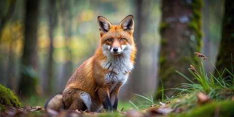 Fototapeta premium Red fox with white belly and black fur stripes in a forest setting