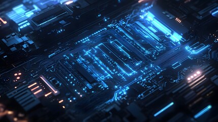 Futuristic Technology Circuit Board with Blue Light Effects