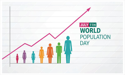 World population day graphic showing growth and diverse people silhouettes
