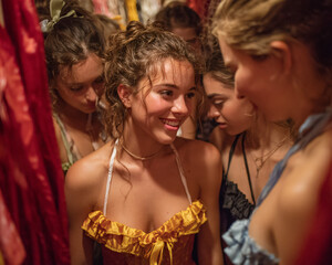 Candid moment backstage before the closing show, diverse group of teens adjusting costumes, helping each other tie sashes and rehearse lines, filled with laughter and nervous excitement.