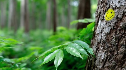 Obraz premium Happy smiley face painted on a tree trunk in a lush forest