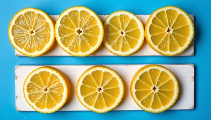 the image displays a blue background with a horizontal white stripe, resembling a wooden plank, overlaid on this strip are slices of lemon arranged in two rows