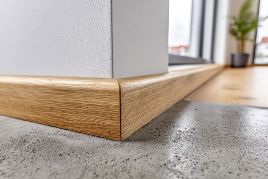Light oak baseboard against white wall on concrete floor, rounded edge baseboard detail in modern home interior.