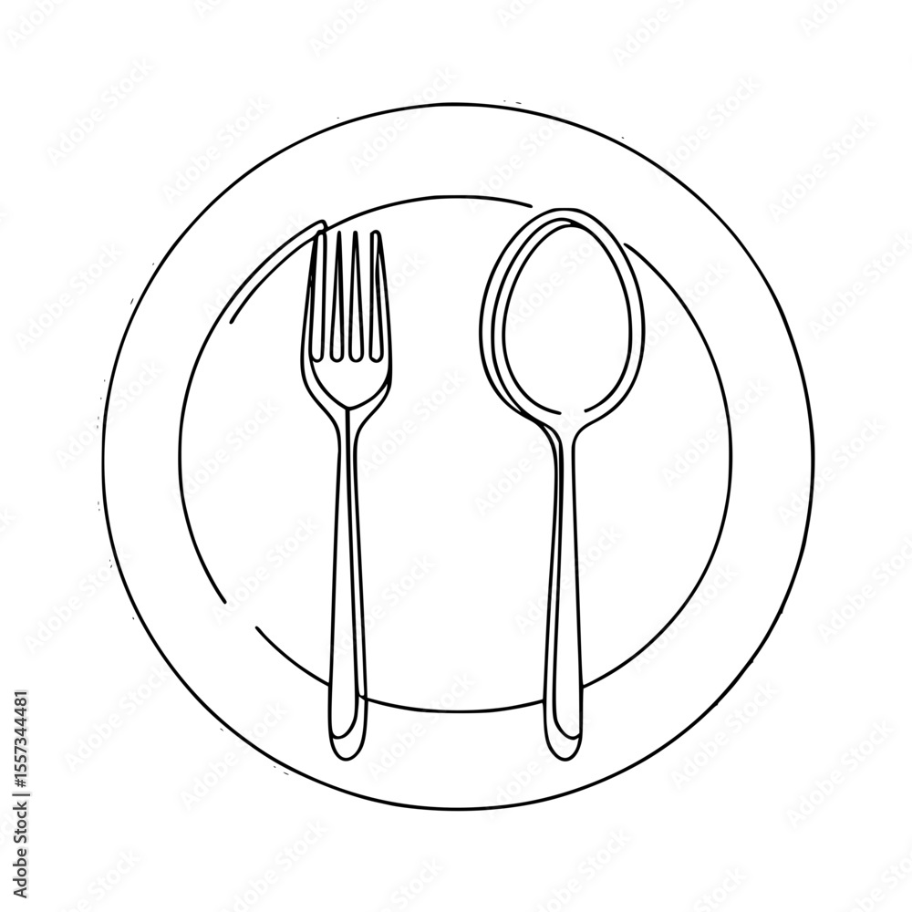 Poster outline of fork and spoon on a plate in simple linear design , single line outline vector