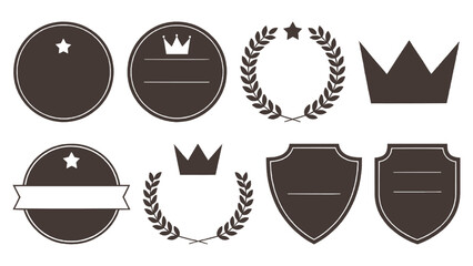 Set of vintage blank badge icons including round labels shields crowns laurel wreaths and ribbons ideal for branding logos awards certificates emblems packaging and customizable graphic design
