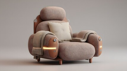 Modern Comfortable Armchair with Pillow and Cozy Blanket