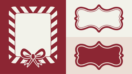 Vintage red and cream decorative frame and label set with elegant borders ribbon bow and candy stripe holiday design perfect for gift tags greeting cards invitations and festive print projects