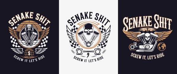 Vintage motorcycle biker gang skull emblem design with engine wings helmet and typography for t-shirt prints stickers decals or retro garage branding on dark and light backgrounds