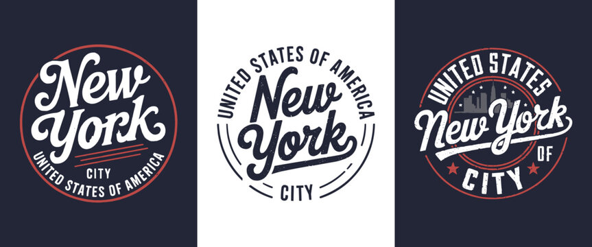 Vintage New York City typography badge logo set with retro style script lettering and circular emblem design for t-shirts posters branding travel souvenirs and American urban lifestyle themes