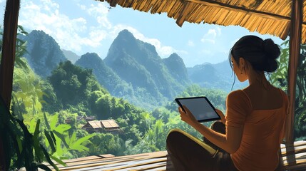 Young Woman Enjoys Scenic Mountain View While Using Tablet Outdoors