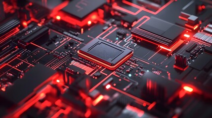 Abstract Computer Circuit Board with Red Neon Lights and Details