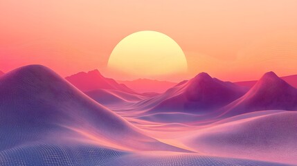 Dreamy Landscape with Soft Hills and Vibrant Sunset Glow