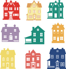 Charming Collection of Colorful House Silhouettes: Ideal for Real Estate, Home Décor, Neighborhood Concepts, and Children's Book Illustrations.