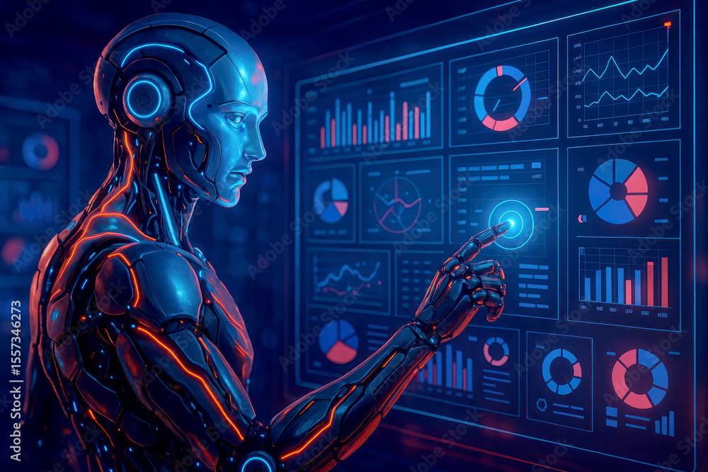 Poster cybernetic humanoid interacting with digital data display robot artificial intelligence